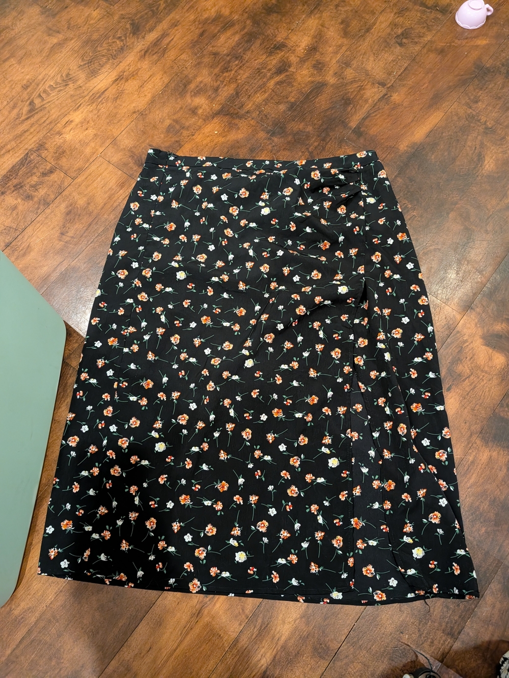 Floral A-Line Midi Skirt - Black with Orange Floral Print